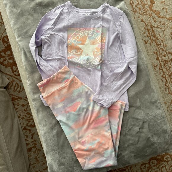 Converse Other - Converse High Rise Printed Legging Aqua Mist w/ Long Sleeve Lilac Logo Tee Sz XL